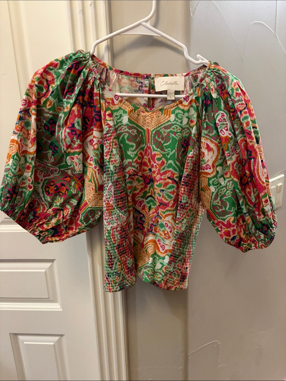 Cleobella Green Multi-Print Puff Sleeve Blouse with Pink & Orange Accents